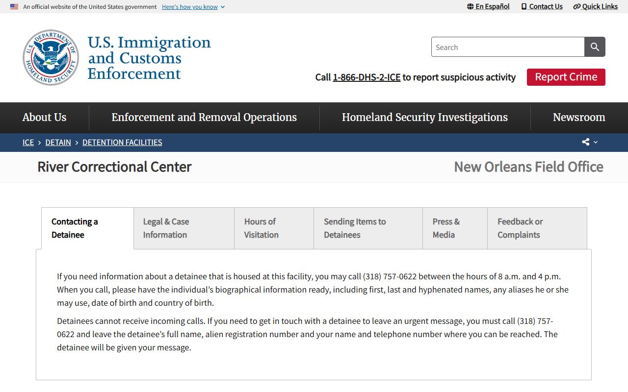 River Correctional Center ICE detainee lookup facility page