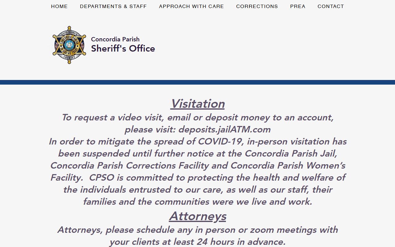 Concordia Parish Jail inmate information page with visitation and deposit notes